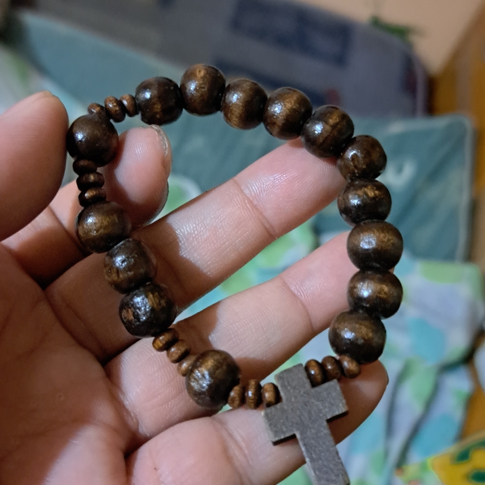 Wood Bead Rosary Bracelet with Cross - Dark Brown